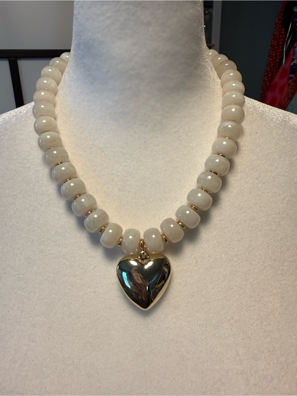 Ivory Acrylic Beaded Heart Pendant Necklace – Chunky Statement Jewelry